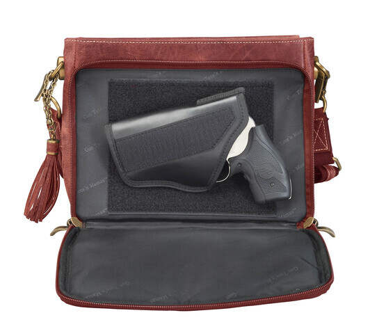 Gun Tote'n Mamas Distressed Buffalo Leather Shoulder Clutch in Red includes an adjustable holster